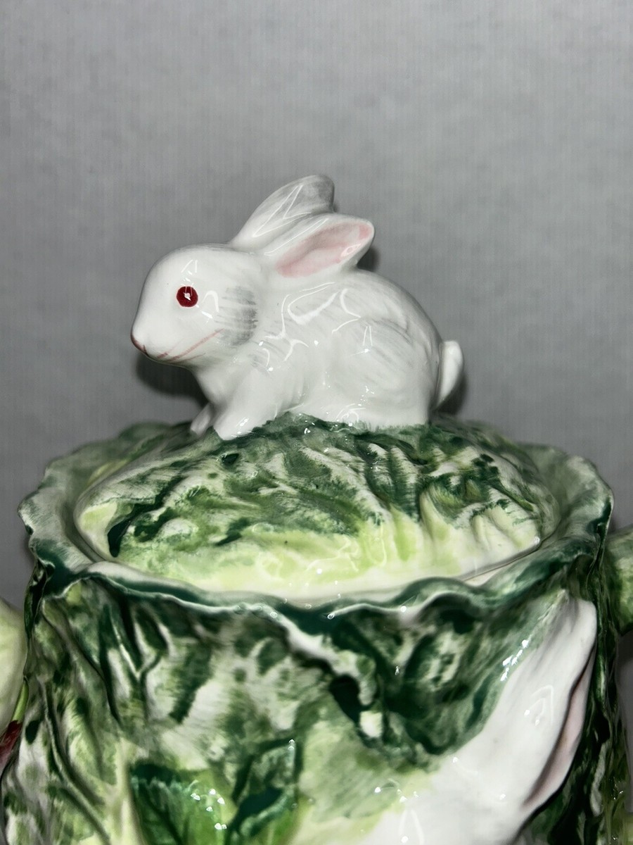 Vintage Shafford Rabbit Patch Bunny Teapot, Green and White