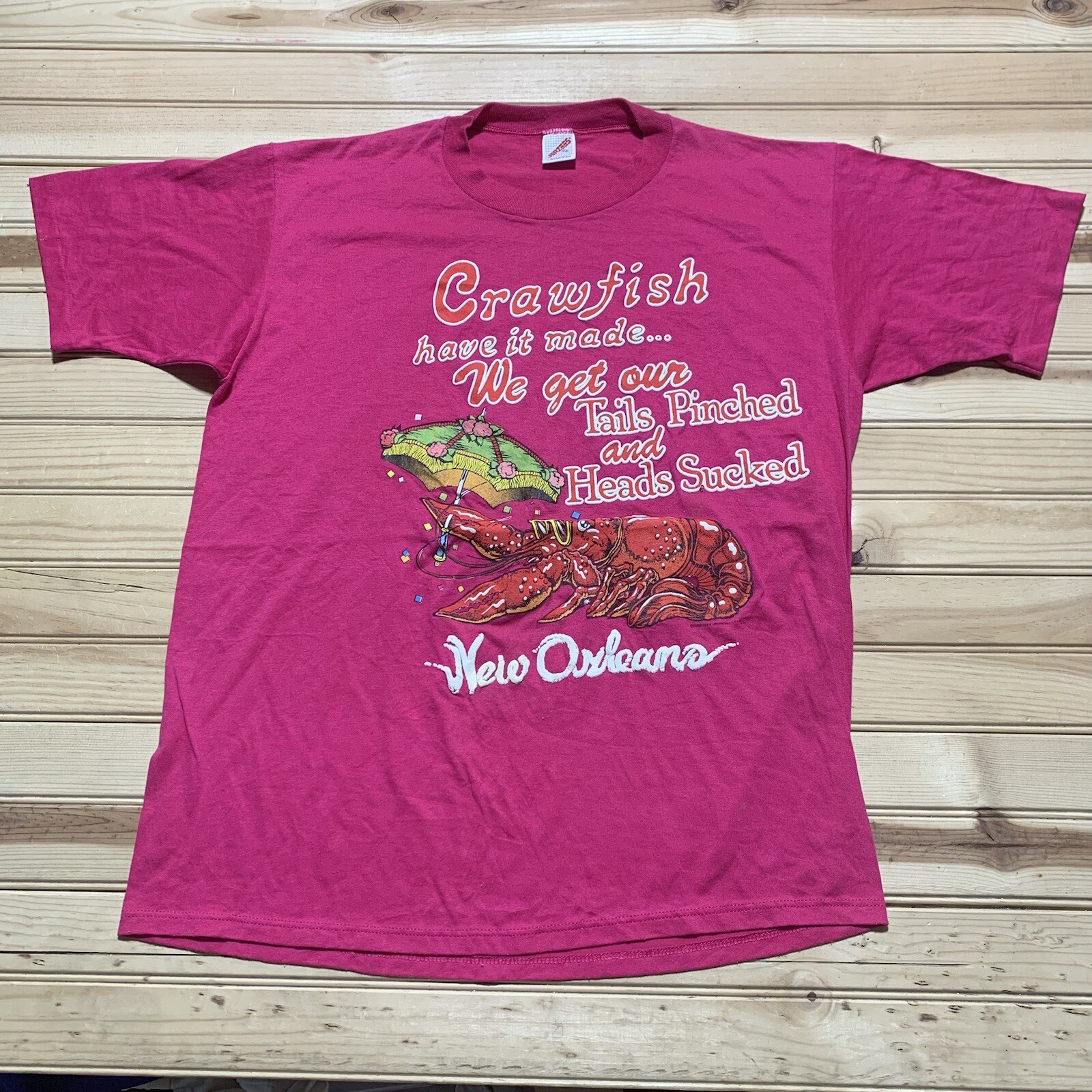 Vintage 80s New Orleans Crawfish Funny Comic Puff Print Shirt Size XL