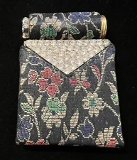 Vtg ZELL Fifth Avenue Jeweled Powder Compact & Lipstick Cover In Floral Case