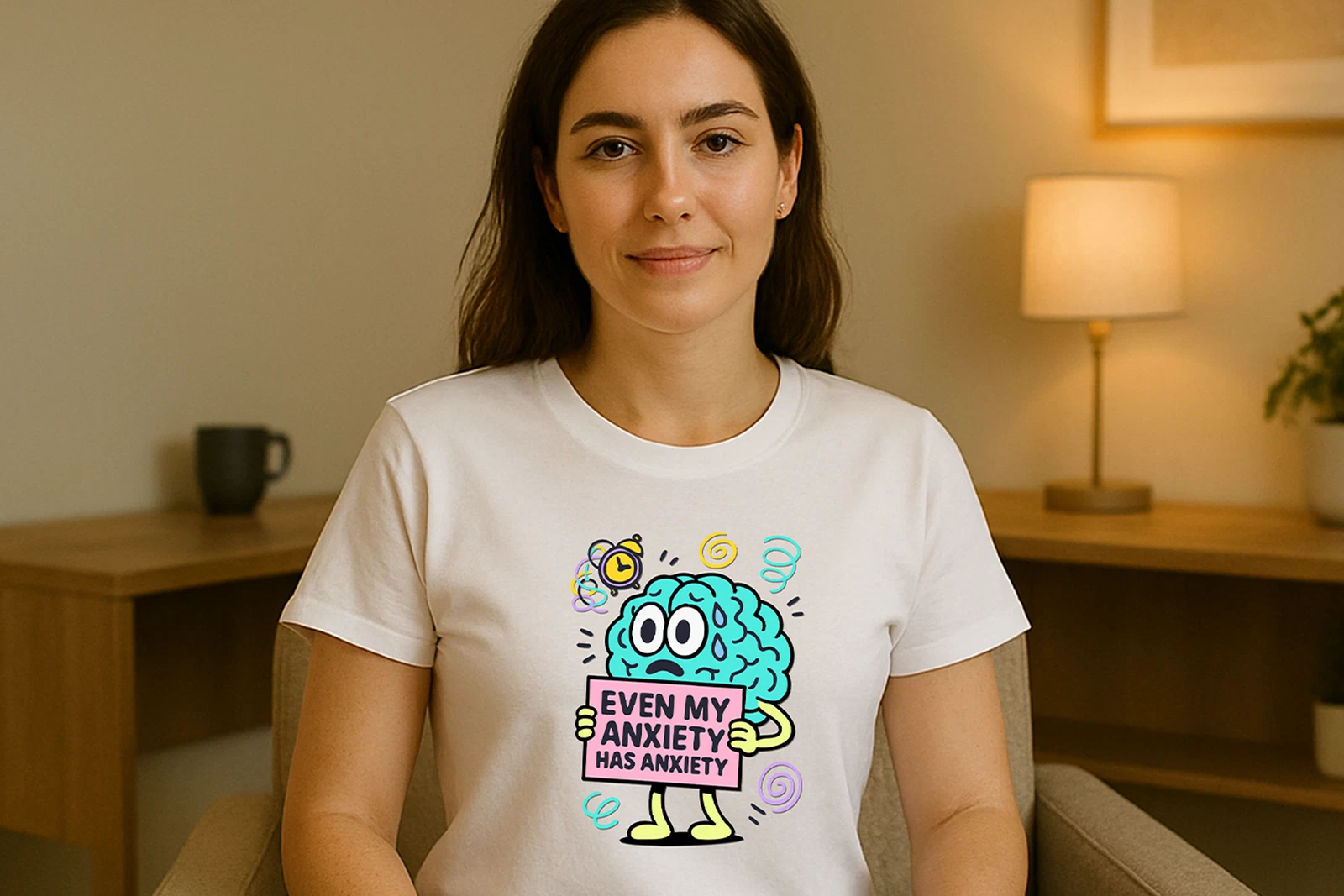 Cartoon brain holding sign tee – even my anxiety has anxiety