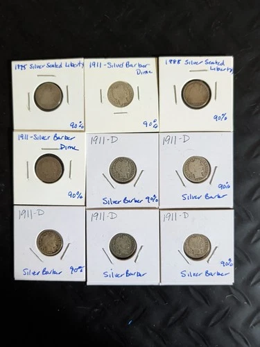 Lot Of 2x Seated Liberty Silver Dime & 7x Silver Barber Dimes