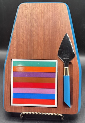 #ad MCM Vtg Imperial International San Remo Wood Hostess Cheese Tray Set EUC in Box $25.00