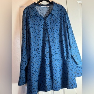 Susan Graver 2X Blue Black Abstract Button Front Blouse Stretch Work Top