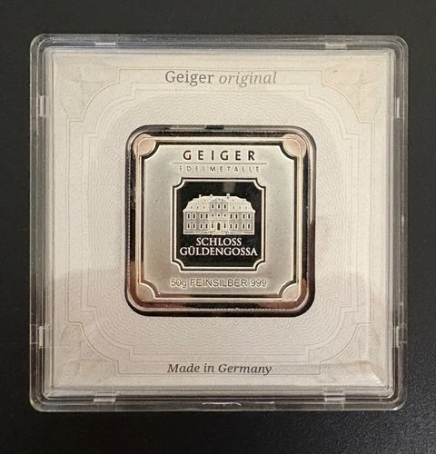 Geiger 50 Gram Silver Square Bar .999 Fine Silver Sealed Assay Made in Germany
