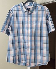 George Shirt Classic Fit Button Front Short Sleeve Blue Plaid Preppy Men's XL