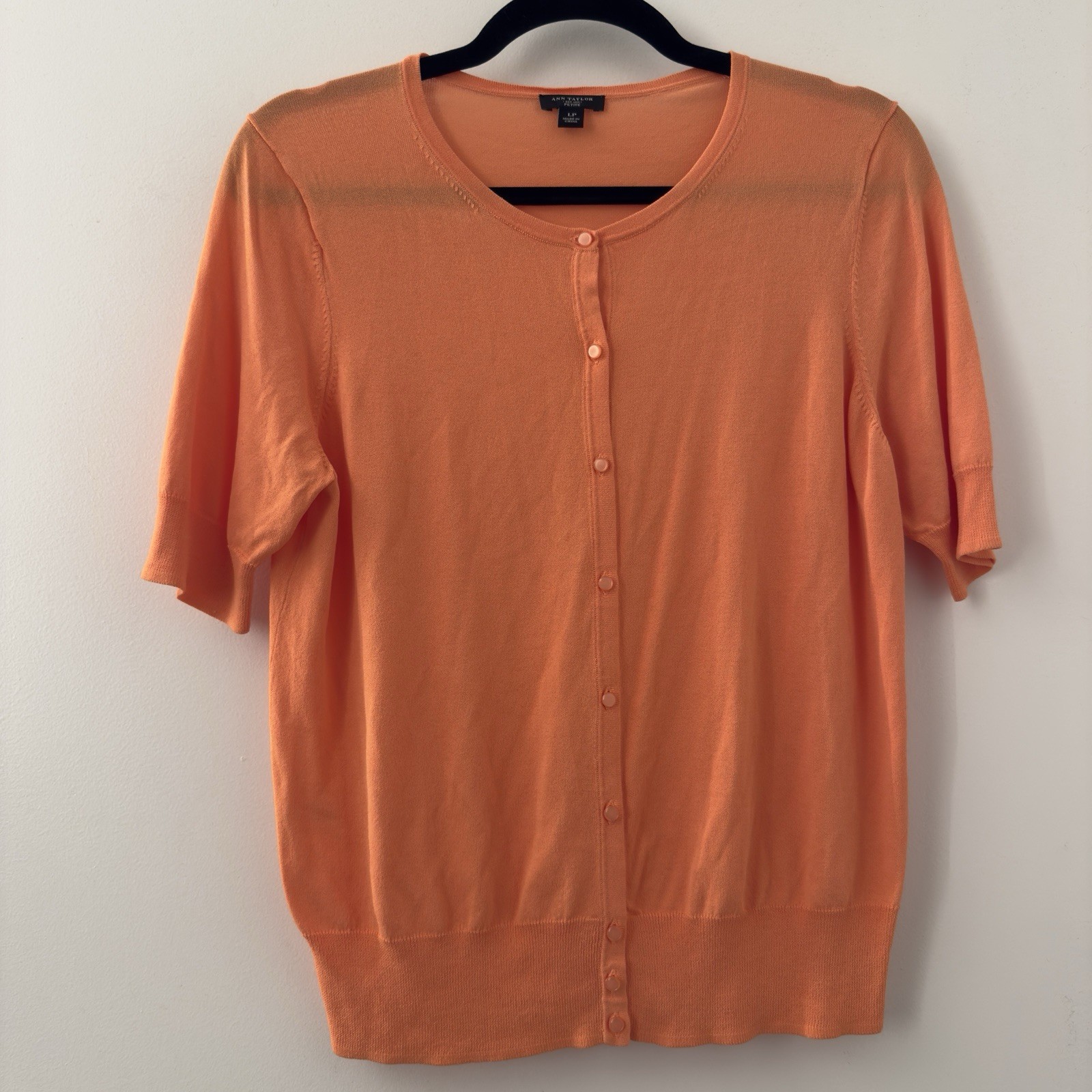 Ann Taylor Orange Cardigan Sweater Short Sleeve Size Large Petite LP Knitwear