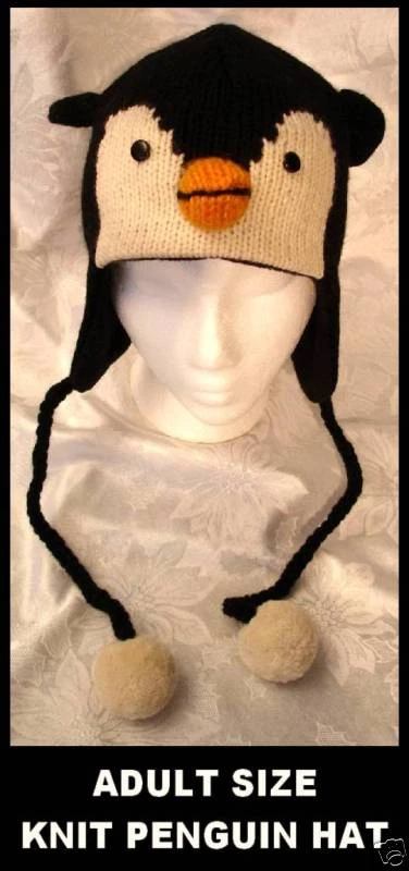 PENGUIN HAT Knit animal ADULT ski cap Costume FLeeCe LINED ice hockey men womens