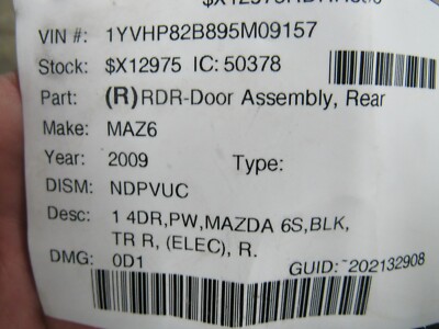 2009-2012 Mazda 6 Right Rear Complete Door Rear Right REAR | OE