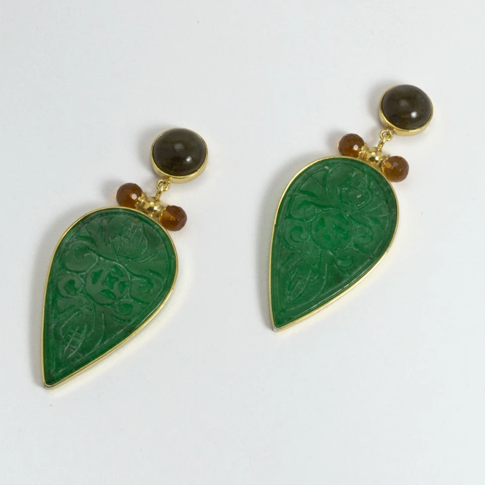 ORECCHINI IN ARGENTO 925 DORATO CON LABRADORITE CITRINO E GIADA VERDE AGHT 0722 - Immagine 2 di 3