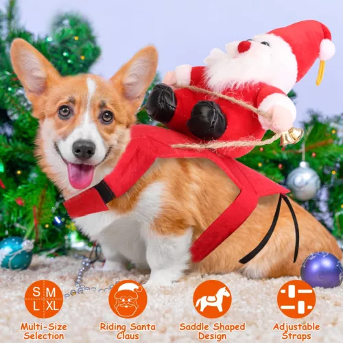 Winter Pet Christmas Costumes Red Coat Dog Riding Santa Claus with Bell Clothes