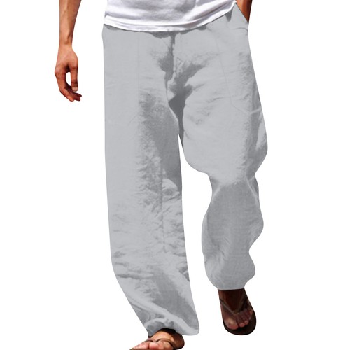 Herren Strand Natur Baumwolle Leinen Hose Sommer Relaxed Fit Einfarbig Hose. - Bild 9 von 37