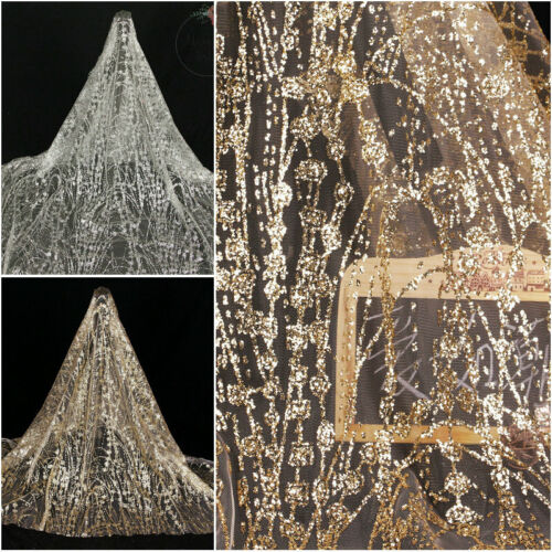 DIY Floral Lace Mesh Fabric Glitter Shiny Sequin Sheer Tulle Voile Wedding Dress - Afbeelding 1 van 8