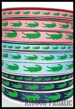 3yds Kelly Green Alligators on Navy  Pink Blue 3/8" 5/8" 7/8"  Grosgrain Ribbon