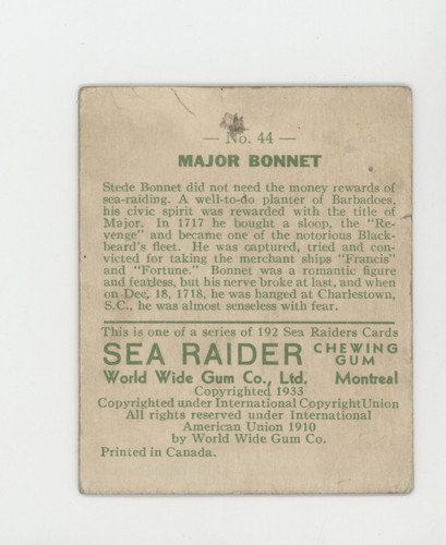 1933 WWG World Wide Gum Goudey Sea Raider HIGH #44 Major Bonnet - Picture 2 of 3