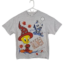 Vtg 90s Looney Tunes Tweety Sylvester Happy Halloween Graphic Gray T-Shirt Sz L