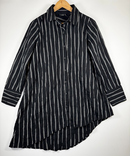Lisa Bayne Artful Home Style Tunic Top Small Black Striped Asymmetrical Crinkle