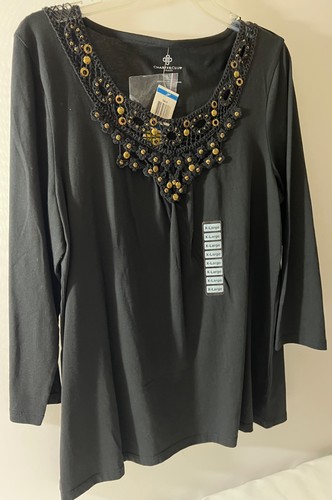 Charter Club Woman Top XL Classic Black 3/4 sleeve Cotton Scoop Neck Brass Studs - Picture 2 of 9