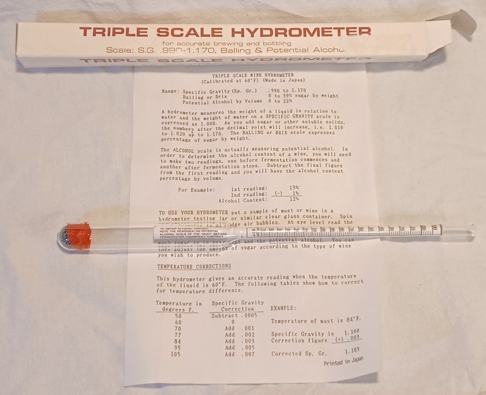 TRIPLE SCALE HYDROMETER Brewing Bottling Japan S.G..990-1.170 Balling Alcohol -$