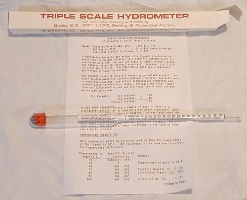 TRIPLE SCALE HYDROMETER Brewing Bottling Japan S.G..990-1.170 Balling Alcohol -$