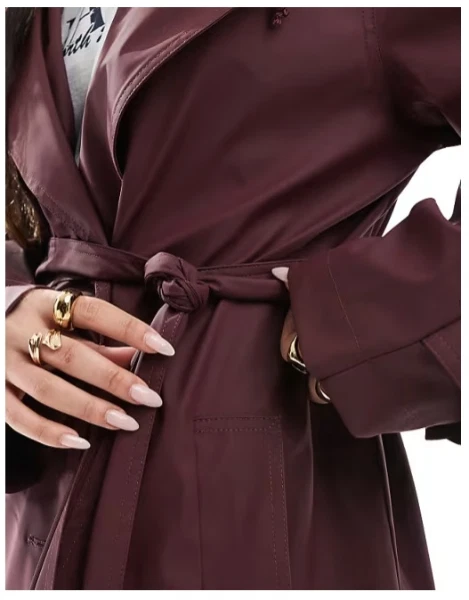 ASOS Design Rubberised Rain Hooded Trench Coat Ladies Burgundy Size Large 16-18 - Image 4 of 4