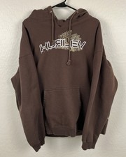 Y2K Hurley Hoodie Mens XL Brown Vintage Skate Surf Logo Spell Out 2000s Grunge