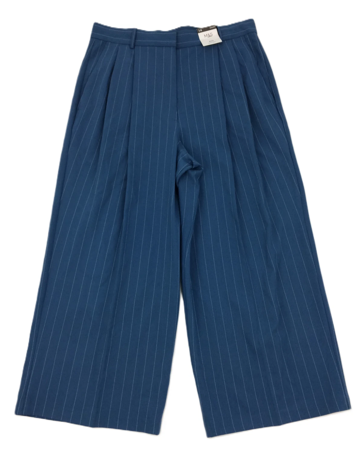 M&S Women's Trousers Blue Pinstripe Wide Leg High Rise Pleat Front Pocket New F1
