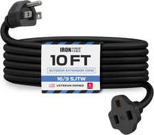 10 Ft Black Extension Cord, 16/3, 10 Foot Extension Cord, 3 Prong, Weatherproof 