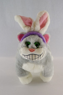 Fat Cats 14'' Cheshire Cat Smile Gray White Bunny Rabbit Ears Easter Plush - EUC