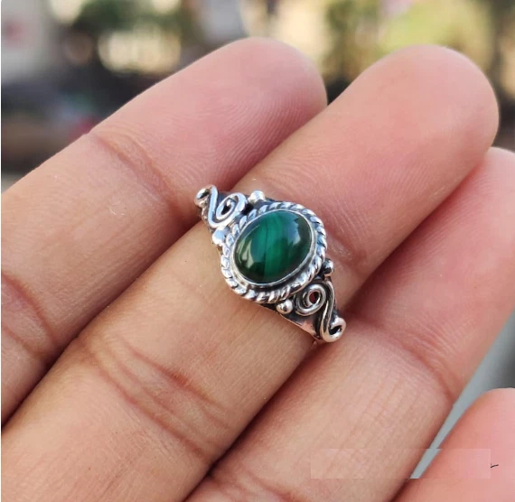 Anillo de piedras preciosas de malaquita - Anillo hecho a mano de plata de ley 925 todos los tamaños R361 Foto 4 de 4