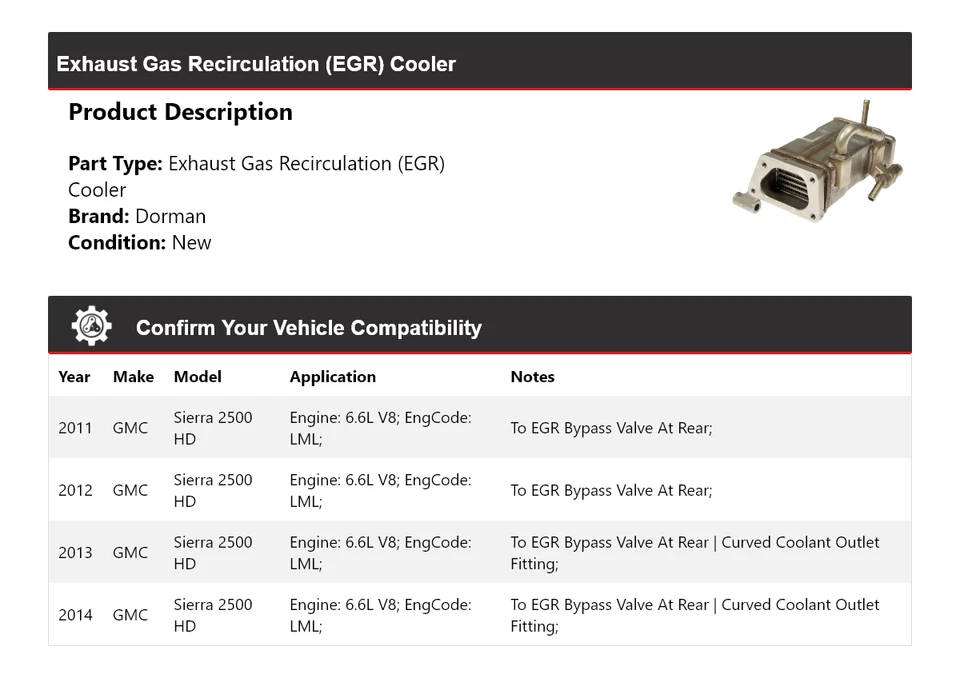 GMC Sierra 2500 HD 2011-2014 6,6 L V8 Dorman enfriador EGR 2012 2013 Foto 2 de 4