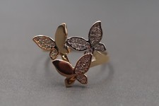 14K Solid Yellow Gold Multi Tone Fancy Three Butterfly CZ Band Ring. Size 7.5