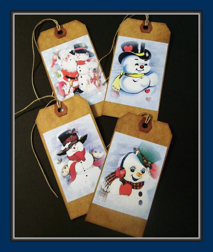 CUTE VINTAGE SNOWMEN WITH CHILDREN HANG TAGS - EIGHT - PRIMITIVE DESIGNS - Image 3 of 4