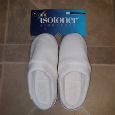 Isotoner Womens Terry And Satin Slip-on Cussioned Slippers White Size XS 5.5-6