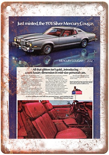 Vintage 1974 Silver Mercury Cougar Auto Ad Reproduction Metal Sign A12052 - Picture 1 of 2