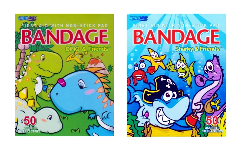 Dinosaur Sharky 100 Pack Bandages Kids Bandaids 3 Sizes Flexible