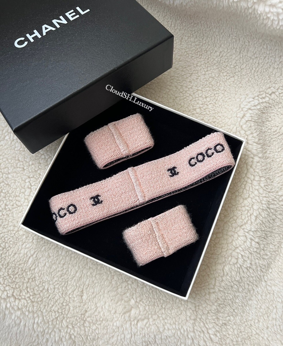 Auth Chanel Sport Line CC Logo Pink Terry Cloth Sweatband Set