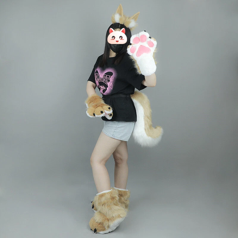 Fursuit Peluche Bestia Pie Zapatos Cola de Zorro Oreja Pelo Aro Garra Guante Juegos con disfraces Accesorios Foto 3 de 4