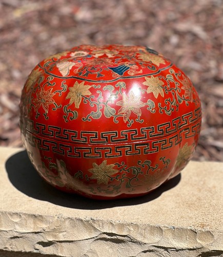 Vintage Large Chinese Red Lacquerware Box Lobed Pumpkin Design Decorative Lidded