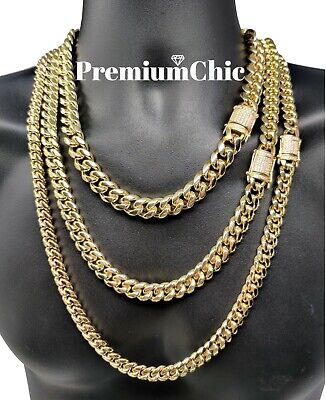 14MM COMBO SET Miami Cuban Link Chain Diamond Clasp Gold Plated Stainless Steel