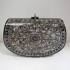 Mother of Pearl Clutch Flower Design Black White Color Lacquered Evening Bag