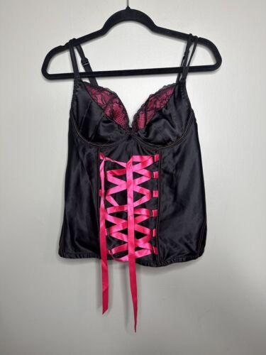 Cacique 14/16 Bustier Black Pink Ribbon Underwire Back Closure Lightly Lined - Picture 1 of 14