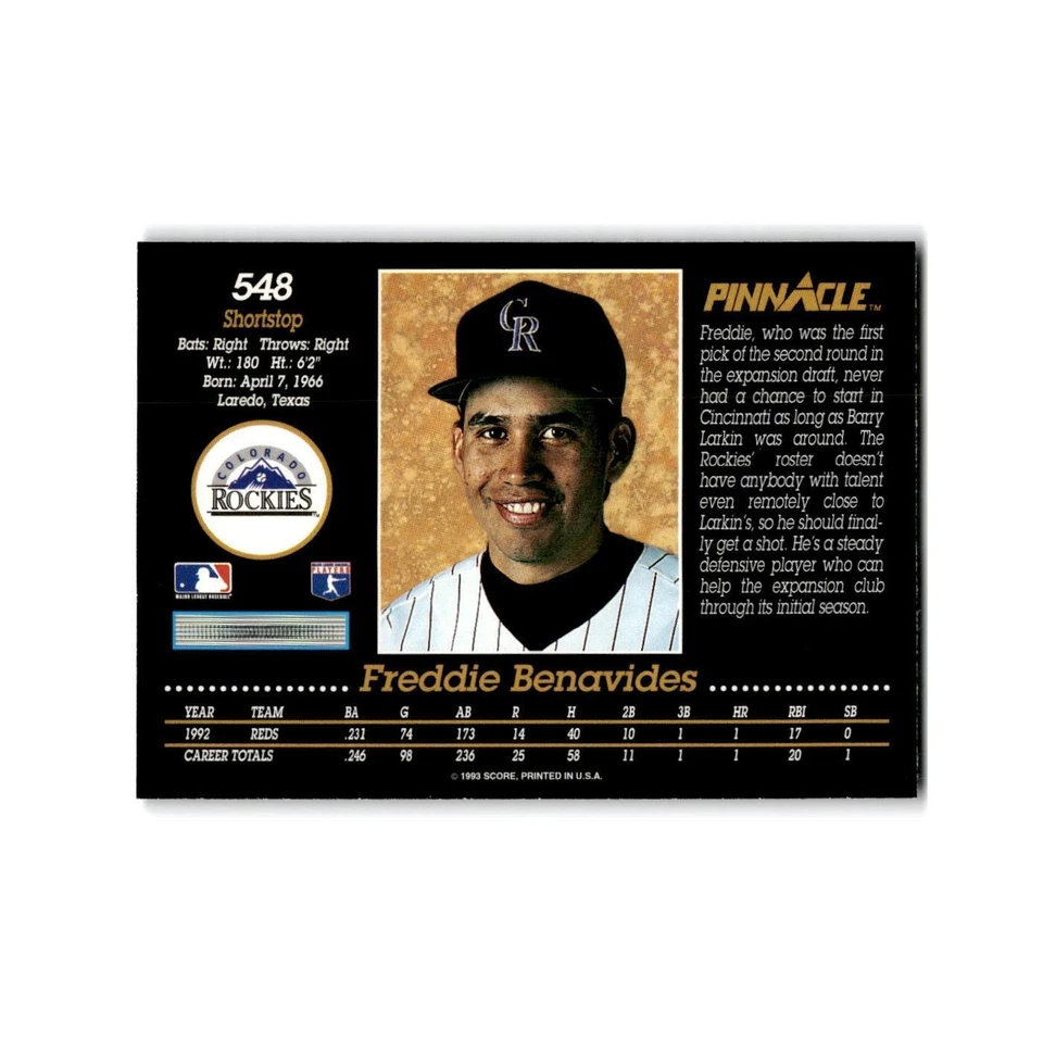 Freddie Benavides 1993 Pinnacle #548 Colorado Rockies Baseball Card NM - Image 2 of 3