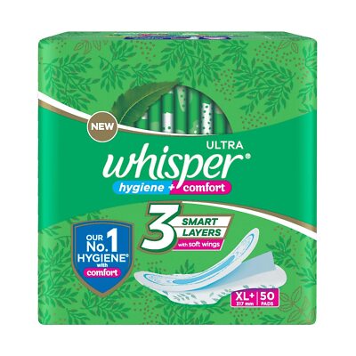 WHISPER ULTRA HYGIENE+COMFORT 3 LAYER SANITARY PADS, 50 XL+ PADS,FOR HEAVY FLOW