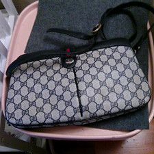 Gucci GG Pattern Small Shoulder Bag Beige/Blue Turn Lock w/ Detachable Strap