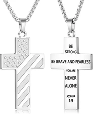 Men's Stainless Steel Cross Necklace with American Flag and Bible Verse