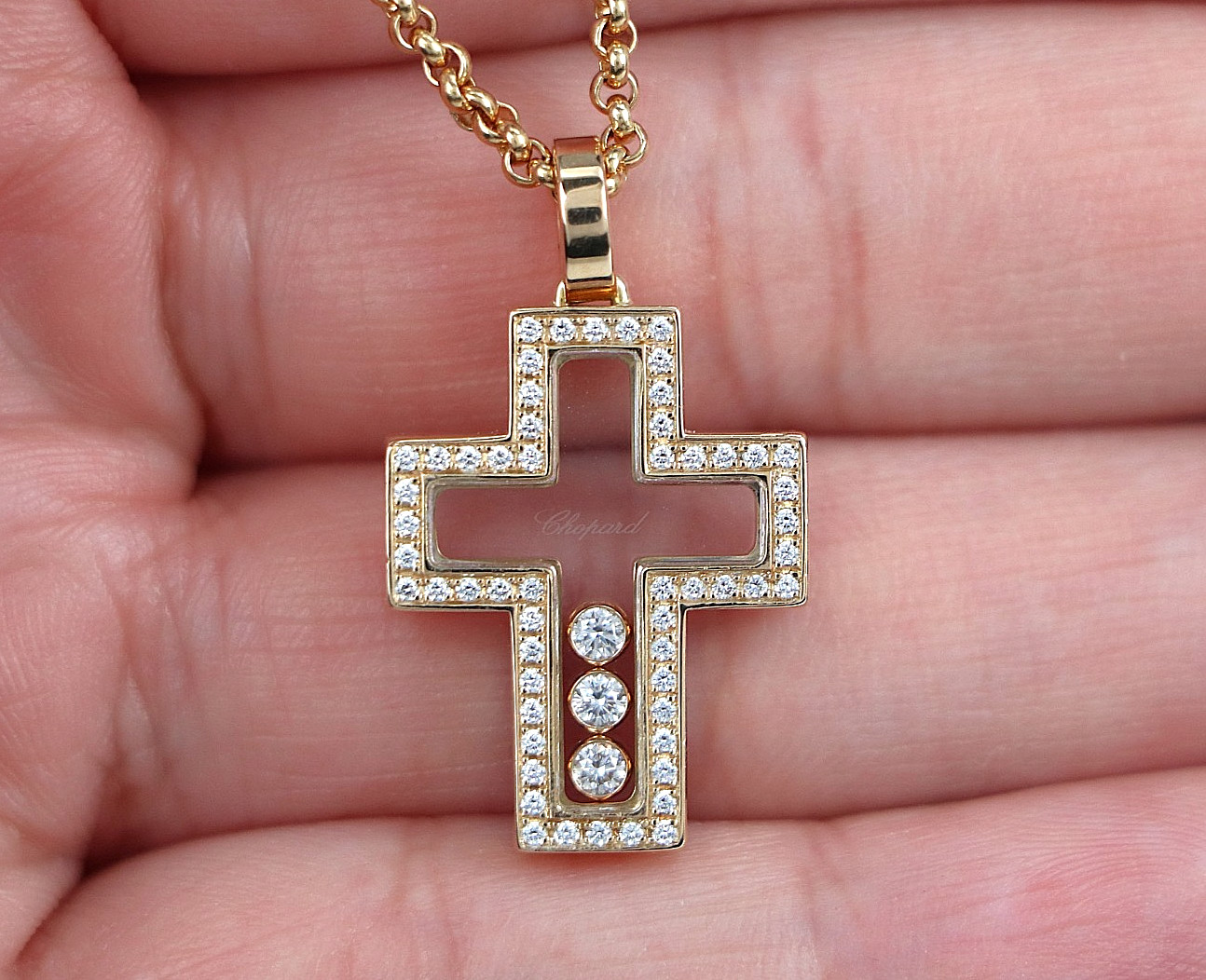 $11,700 Chopard 18k Yellow Gold Happy Floating Diamond Cross Pendant Necklace