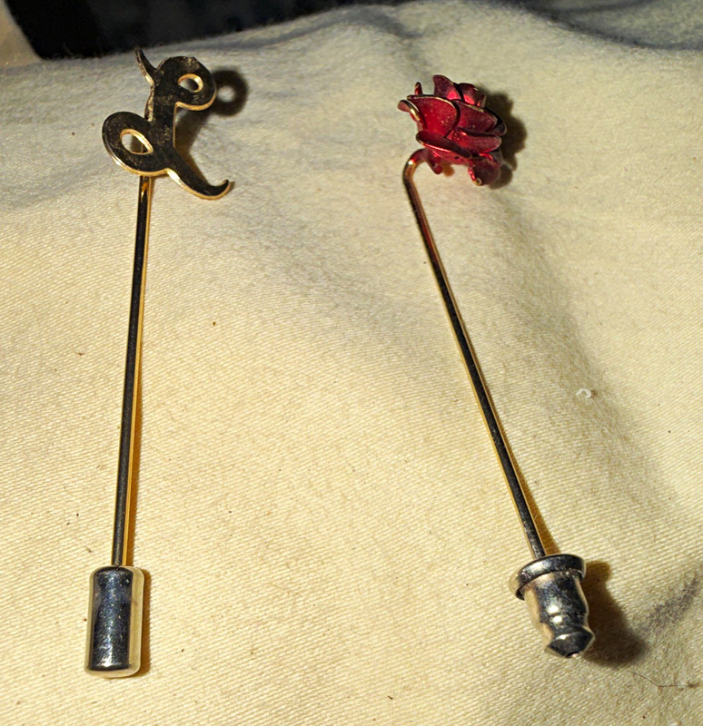 Lot of 2 Vintage Metal Hatpins Stick Pins w/ Red Rose & Scroll Design