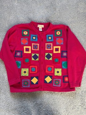 Bechamel Pink Colorful Applique Geometric Shapes Cardigan Sweater Size Large