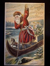 Rare~ Santa Claus in Canoe~Boat~w/ Toys~Vintage Antique Christmas Postcard~s995