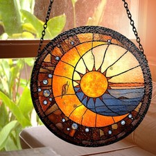 Autumn Sunset Stained Glass Suncatcher, Celestial Window Hanging Art